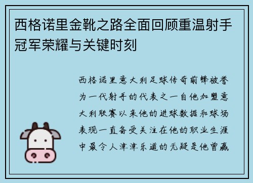 西格诺里金靴之路全面回顾重温射手冠军荣耀与关键时刻