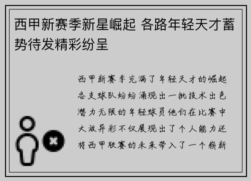 西甲新赛季新星崛起 各路年轻天才蓄势待发精彩纷呈